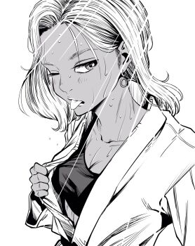  1girl breasts cleavage collarbone commentary_request dark-skinned_female dark_skin dougi earrings from_above greyscale hatching_(texture) highres hot jewelry karate_gi lee_(dragon_garou) light_rays long_hair medium_breasts monochrome one_eye_closed original sideburns solo sports_bra sweat tongue tongue_out upper_body 