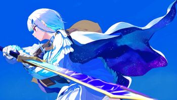 1girl a_world_underneath blue_background blue_cape blue_hair blue_sword blurry blurry_foreground cape closed_mouth commentary_request cowboy_shot depth_of_field djyui fighting_stance floating_cape from_side gloves golden_sword hair_ornament hands_up highres holding holding_sword holding_weapon jacket lize_helesta lize_helesta_(7th_costume) long_sleeves looking_ahead miniskirt multicolored_hair nijisanji profile puffy_long_sleeves puffy_sleeves purple_eyes simple_background skirt solo starry_sky_print streaked_hair sword two-handed two-sided_cape two-sided_fabric two-tone_hair virtual_youtuber weapon white_cape white_gloves white_hair white_jacket white_skirt