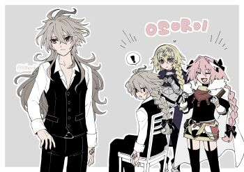  1girl 2boys absurdres alternate_hair_length alternate_hairstyle armor astolfo_(fate) blonde_hair blush bow braid braided_ponytail closed_eyes comb commentary_request crossdressing crossdressing_(mtf) fang fate/apocrypha fate/grand_order fate_(series) grey_background grey_hair hair_between_eyes hair_bow hair_intakes headpiece heart highres holding holding_comb jeanne_d'arc_(fate) long_hair long_sleeves matching_hairstyle multiple_boys multiple_views open_mouth pink_hair purple_eyes red_eyes seiniku_(10henbo9) shirt short_hair sieg_(fate) simple_background single_braid skirt smile thighhighs trap 