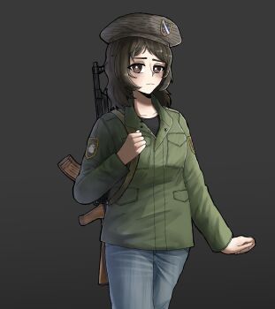  ak-47 assault_rifle beret bosnia_and_herzegovina brown_eyes brown_hair commentary denim english_commentary green_jacket gun hana_muratovic hat highres jacket jashin_gopnik jeans kalashnikov_rifle nervous original pants rifle strichtarn weapon 