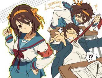  1boy 1girl :d armband blazer blue_sailor_collar blue_skirt book brown_eyes brown_hair clothes_grab collared_shirt desk green_jacket hair_ribbon hairband hand_on_own_hip highres jacket kita_high_school_uniform kkoo7 kyon long_sleeves necktie necktie_grab neckwear_grab notebook open_book open_clothes open_jacket open_mouth paperclip pen pleated_skirt red_armband red_necktie red_ribbon ribbon sailor_collar school_desk school_uniform serafuku shirt short_hair skirt smile speech_bubble suzumiya_haruhi suzumiya_haruhi_no_yuuutsu tongue white_shirt winter_uniform yellow_hairband yellow_ribbon  rating:General score:4 user:danbooru