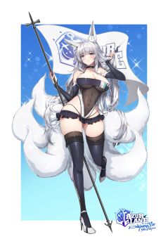  1girl absurdres animal_ear_fluff animal_ears azur_lane bare_shoulders blue_eyes breasts cleavage commentary fox_ears fox_girl fox_tail highres kitsune large_breasts long_hair looking_at_viewer multiple_tails official_alternate_costume race_queen ringosan shinano_(azur_lane) shinano_(moonlit_chrome)_(azur_lane) skirt solo tail thighhighs thighs very_long_hair white_hair 