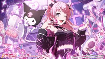  1girl bang_dream! bang_dream!_it&#039;s_mygo!!!!! black_jacket blush breasts chihaya_anon commentary_request cone_hair_bun earrings fang hair_bun heart heart_earrings highres jacket jewelry kuromi long_hair makeup makeup_brush medium_breasts midriff navel official_art one_eye_closed open_mouth pincushion pink_hair sanrio solo teeth thigh_strap upper_teeth_only 