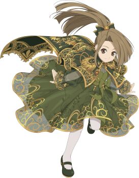  1girl artist_request brown_eyes brown_hair cape closed_mouth dress fujibayashi_suzu full_body game_cg gold_trim green_cape green_dress green_ribbon green_shoes highres long_hair looking_at_viewer official_alternate_costume official_art pantyhose ponytail ribbon shoes smile solo standing standing_on_one_leg tales_of_(series) tales_of_asteria tales_of_phantasia third-party_source transparent_background white_pantyhose wide_ponytail 