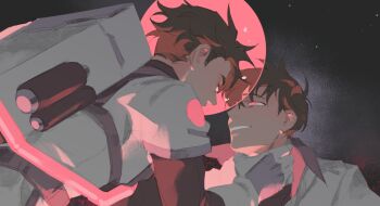  2boys astronaut black_hair closed_eyes floating glowing hand_on_another's_neck helmet highres kim_dokja limited_palette male_focus multiple_boys nemomosso omniscient_reader's_viewpoint pink_light red_eyes short_hair space space_helmet spacesuit tears underlighting yoo_joonghyuk 