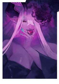  absurdres black_sclera blue_nails breasts candy chocolate chocolate_heart cleavage colored_sclera dark-skinned_female dark_skin fangs fate/grand_order fate_(series) flower food gumi_(the_eye_of_darkness) hair_flower hair_ornament heart heart-shaped_food highres horns ibuki_douji_(fate) long_hair looking_at_viewer open_mouth pointy_ears purple_hair red_eyes smile tongue tongue_out upper_body 