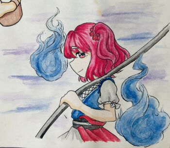  1girl bare_arms blue_vest chinese_commentary closed_mouth commentary_request cropped_legs cross-laced_vest dress eyelashes fog frilled_sleeves frills from_side hair_bobbles hair_ornament happy highres hitodama holding holding_polearm holding_weapon letossa one_side_up onozuka_komachi over_shoulder photo_(medium) pink_eyes pink_hair pleated_dress pointy_nose polearm puffy_short_sleeves puffy_sleeves red_skirt short_hair short_sleeves showgirl_skirt skirt smile solo touhou traditional_media vest weapon weapon_over_shoulder white_dress 