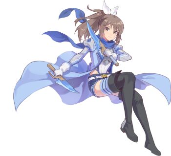  1girl archived_source artist_request belt belted_shorts black_boots blue_coat blue_scarf blue_shorts blue_sleeves blue_thighhighs boots brown_eyes brown_hair buttons clothing_cutout coat combat_knife dual_wielding full_body gloves grey_sleeves hair_ribbon half_updo hip_vent holding holding_knife itai_no_wa_iya_nano_de_bougyoryoku_ni_kyokufuri_shitai_to_omoimasu juliet_sleeves knife lapels long_hair long_sleeves looking_at_viewer midair nexon official_art open_clothes open_coat ponytail puffy_sleeves ribbon sally_(bofuri) scarf second-party_source shorts sidelocks silver_armor simple_background single_thighhigh smile solo split_mouth striped_clothes striped_thighhighs tales_weaver thigh_boots thighhighs transparent_background weapon white_belt white_gloves white_ribbon 