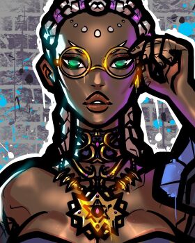  1girl bodypaint braid breasts dark-skinned_female dark_skin dolores_(kof) dress female_focus glasses gold green_eyes huge_breasts kleverart large_breasts long_hair multicolored_hair purple_hair round_eyewear the_king_of_fighters two-tone_hair white_hair 