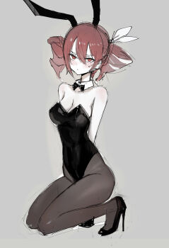  1girl absurdres animal_ears arms_behind_back black_bow black_bowtie black_leotard black_pantyhose black_shoes bow bowtie breasts chuhaibane cleavage commentary detached_collar drill_hair expressionless fake_animal_ears full_body grey_background hair_ribbon high_heels highleg highleg_leotard highres kasane_teto kasane_teto_(sv) kneeling leotard looking_at_viewer pantyhose playboy_bunny rabbit_ears red_eyes red_hair ribbon shoes simple_background solo strapless strapless_leotard synthesizer_v twin_drills utau white_ribbon 