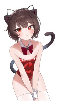  1girl animal_ear_hairband animal_ears artist_request bare_shoulders between_legs black_hairband black_tail blush bow bowtie breasts brown_hair cat_brooch cat_ear_hairband cat_ears cat_girl cat_tail collar commentary_request commission detached_collar fake_animal_ears hairband hand_between_legs highleg highleg_leotard highres kittysuit korean_commentary leotard looking_at_viewer mole mole_on_breast mole_under_eye multiple_animal_ears nontraditional_playboy_bunny original prunechi red_bow red_bowtie red_eyes red_leotard second-party_source short_hair sitting small_breasts solo strapless strapless_leotard sweat tail thighhighs white_collar white_thighhighs white_wrist_cuffs wing_collar wrist_cuffs 
