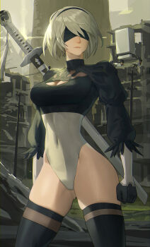  1girl 2b_(nier:automata) black_gloves black_hairband black_thighhighs blindfold breasts cleavage cleavage_cutout clothing_cutout covered_eyes covered_navel feather-trimmed_sleeves gloves hairband highleg highleg_leotard highres hood_(james_x) juliet_sleeves katana large_breasts leotard long_hair long_sleeves narrow_waist nier:automata nier_(series) pod_(nier:automata) puffy_sleeves short_hair silver_hair solo sword thighhighs thighs weapon white_leotard  rating:Sensitive score:82 user:danbooru