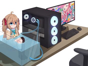  1girl :3 absurdres ahoge aqua_bow aqua_bowtie aquarium armchair asymmetrical_legwear bandaid bandaid_on_knee bandaid_on_leg black_socks black_thighhighs blue_eyes bow bowtie brown_hair cardigan chair closed_mouth computer computer_keyboard computer_mouse desk hair_between_eyes hair_ornament hair_ribbon heart heart_hair_ornament highres hugging_own_legs in_water knees_up long_hair long_sleeves looking_ahead mismatched_legwear monitor neuro-sama no_shoes red_ribbon ribbon ritspi shirt sidelocks single_sock single_thighhigh sitting skirt smile socks solo thighhighs two_side_up vedal_ai white_background white_shirt white_skirt yellow_cardigan 