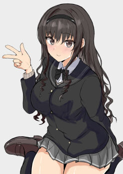  1girl amagami arm_behind_back black_bow black_bowtie black_hairband black_jacket blazer blush bow bowtie brown_eyes brown_hair brown_shoes collared_shirt commentary_request grey_skirt hairband highres jacket kibito_high_school_uniform kneehighs loafers looking_at_viewer morishima_haruka ringlets school_uniform shirt shoes sitting skirt smile socks solo suberaku thighs v wariza white_background white_shirt 