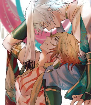  2boys armlet black_boots black_bridal_gauntlets blonde_hair blue_eyes blue_pants boots bridal_gauntlets chest_tattoo choker commentary_request earrings eye_contact from_side gradient_hair head_back honkai:_star_rail honkai_(series) invisible_chair itiwa_str jewelry linea_alba looking_at_another male_focus multicolored_hair multiple_boys mydei_(honkai:_star_rail) navel pants pectorals phainon_(honkai:_star_rail) piercing red_tattoo scarf shirt shirt_tucked_in sitting tattoo topless_male white_background white_hair white_scarf white_shirt yaoi 