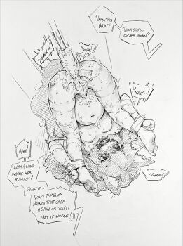  1girl absurdres anal anal_object_insertion animal_ears ball_gag bdsm bondage bound commission english_text gag greyscale highres loli long_hair lying monochrome navel nude object_insertion on_back original pussy renocoffee restrained speech_bubble traditional_media uncensored  rating:Explicit score:29 user:danbooru