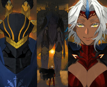  1girl breasts cape circlet cleavage commentary_request dakia_(pixiv_fantasia_last_saga) dark-skinned_female dark_skin hiyokomame_dx horns kaevin large_breasts lipstick makeup mecha pixiv_fantasia pixiv_fantasia_last_saga robot single_horn smile sunrise white_hair yellow_eyes 