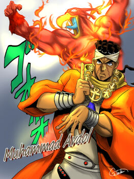  2boys ankh bangle beak belt bird_boy blue_eyes blue_tongue body_fur bracelet brown_hair character_name closed_mouth colored_skin colored_tongue commentary facial_mark fingernails fire highres jewelry jojo_no_kimyou_na_bouken jojo_pose kototobuki lips looking_at_viewer magician's_red mohammed_avdol multiple_boys muscular muscular_male necklace open_clothes open_mouth open_robe orange_robe pointing pointing_up pyrokinesis red_fur red_skin robe serious sharp_fingernails signature stand_(jojo) stardust_crusaders thick_eyebrows v-shaped_eyebrows wide_sleeves 