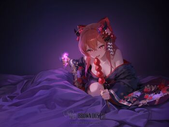  1girl black_kimono blanket bow brown_dust_(series) brown_dust_2 commentary crossed_bangs english_commentary flower_hairpin food fruit hair_between_eyes hair_bow highres holding holding_food horns japanese_clothes kimono leaning_forward liberta_(brown_dust) liberta_(hedonist)_(brown_dust) long_hair long_sleeves looking_at_viewer official_art on_bed open_mouth pink_eyes pink_hair purple_background purple_nails red_bow sexually_suggestive simple_background sitting smile solo strawberry tanghulu 