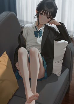  1girl barefoot black_hair black_jacket blazer blue_skirt collared_shirt commentary_request couch curtains highres indoors jacket living_room long_legs long_sleeves momikyo on_couch original pillow school_uniform shadow shirt sitting skirt soles toes variant_set white_shirt yukishima_momo 