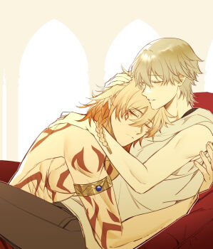  2boys arcade_(architecture) arch architecture armlet black_pants blonde_hair blue_gem blush body_markings braid caelus_(honkai:_star_rail) chair closed_eyes closed_mouth commentary_request couple day facial_mark feet_out_of_frame fingernails from_side gem gold_armlet grey_hair hair_between_eyes hair_ornament hair_tubes hand_on_another's_back hand_on_another's_head hand_up highres honkai:_star_rail honkai_(series) hug indoors jewelry lodchong1235 lying lying_on_person male_focus medium_hair multiple_boys muscular muscular_male mydei_(honkai:_star_rail) on_chair on_stomach orange_hair pants shirt short_hair short_sleeves side_braid single_braid single_hair_tube sitting sky sleeping smile t-shirt teeth thai_commentary topless_male trailblazer_(honkai:_star_rail) white_shirt white_sky yaoi 