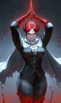  1girl artist_name ascot blood blood_in_mouth blood_sword bloodborne breasts cape gloves hair_ornament hairstyle_request highres holding holding_weapon looking_at_viewer red_eyes red_hair robusta_mania simple_background slit_pupils solo vampire weapon 
