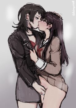  2girls bang_dream! bang_dream!_it's_mygo!!!!! black_hair black_jacket blue_eyes brown_dress clothes_lift commentary daimyo0208 dress dress_lift fingering french_kiss grey_skirt hanasakigawa_school_uniform headpat highres jacket kiss long_hair medium_hair mole mole_under_eye multiple_girls purple_eyes pussy_juice sailor_dress school_uniform shiina_taki skirt yahata_umiri yuri 