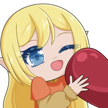  1girl ;d blonde_hair blue_eyes chibi commission commissioner_upload dress elf emoji emoticon heart holding holding_heart layered_sleeves long_hair long_sleeves looking_at_viewer lotte_farona lowres official_art one_eye_closed open_mouth pointy_ears selinanovalight smile solo valentine ways_of_darkness_(series) 