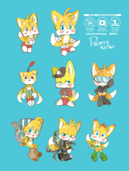  6+boys absurdres animal_ears animal_nose anti-tails black_hair blue_background blue_eyes chibi chibi_only classic_tails commentary_request fox_boy fox_ears fox_tail furry furry_male gloves highres looking_at_viewer male_focus mangey_(sonic) multiple_boys multiple_persona multiple_tails nine_(sonic) renti_(chocolaxor) sails_(sonic) shoes simple_background smile sonic_(series) sonic_prime sonic_r sonic_the_hedgehog_(archie_comics) sonic_the_hedgehog_(classic) tail tails_(sonic) tails_doll two_tails white_gloves yellow_fur 
