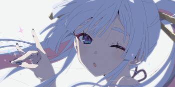  1girl backlighting bare_shoulders blue_eyes chestnut_mouth cho_kaguya-hime! colored_inner_hair commentary flower_knot fox_shadow_puppet hair_ornament hair_rings hair_stick highres looking_at_viewer multicolored_hair one_eye_closed oomura_karasu pink_hair portrait runami_yachiyo signature simple_background solo twintails white_background white_hair 