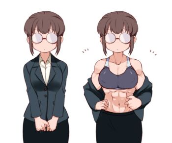  1girl abs breasts brown_hair cleavage comparison cowboy_shot glasses hanzo_(2929) jacket large_breasts multiple_views muscular muscular_female office_lady opaque_glasses open_clothes original own_hands_together pencil_skirt round_eyewear short_hair simple_background skirt sports_bra unworn_clothes unworn_jacket white_background  rating:Questionable score:71 user:animeboy12