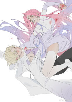  1boy 1girl alien_stage angry arm_cutout artist_name black_pants blonde_hair blood blood_on_clothes blood_on_hands blue_hair bruise bruise_on_face chinese_commentary clenched_hand clenched_teeth clothing_cutout colored_eyelashes commentary_request dress forehead_jewel girl_on_top gradient_hair highres injury long_hair long_sleeves luka_(alien_stage) mizi_(alien_stage) multicolored_hair pants pink_hair punching sandsawako shirt straddling tears teeth thighhighs two-tone_hair very_long_hair watermark weibo_watermark white_background white_dress white_shirt white_thighhighs yellow_eyes 