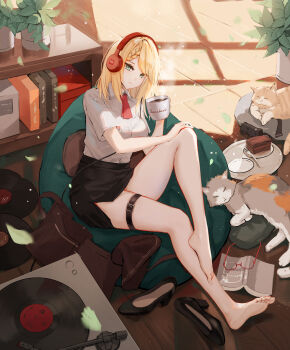  1girl alternate_costume barefoot bean_bag_chair belt black_shoes black_skirt blonde_hair book braid breasts cake cake_slice cat closed_mouth collared_shirt commentary commission cup drinking_glass english_commentary food full_body g36_(girls'_frontline) girls'_frontline green_eyes hand_on_own_knee headphones highres holding holding_cup indoors looking_at_viewer medium_breasts medium_hair miniskirt mug multiple_cats necktie pencil_skirt phonograph plant plate potted_plant red_necktie shirt shirt_tucked_in shoes short_necktie short_sleeves skirt solo square-end_necktie steam steaming_cup thigh_belt thigh_strap toes unworn_eyewear unworn_shoes vinyl_record white_shirt wooden_floor yuzuriha_(atelier_liang) 