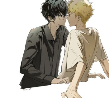  2boys amamiya_ren arm_support black-framed_eyewear black_hair black_shirt blonde_hair buttons collared_shirt crew_neck eye_contact glasses honeydog_cat imminent_kiss long_sleeves looking_at_another male_focus multiple_boys open_collar persona persona_5 sakamoto_ryuuji shirt short_hair simple_background white_background white_shirt wing_collar yaoi 