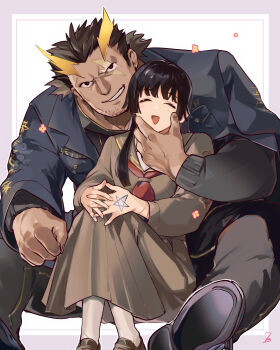  1boy 1girl black_hair black_jacket closed_eyes commentary_request facial_hair goatee_stubble grey_shirt grey_skirt grin hand_on_another's_chin hand_tattoo happy hetero highres jacket long_hair long_sleeves nanaisan_(713) open_mouth pentagram protagonist_2_(housamo) shirt sitting skirt smile socks stubble taishakuten_(housamo) tattoo tokyo_houkago_summoners white_socks 