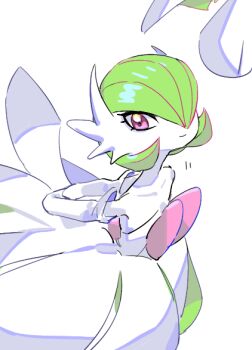  1girl arms_behind_back collarbone cowboy_shot gardevoir gen_3_pokemon light_smile looking_at_viewer mega_gardevoir mega_pokemon nintendo pink_eyes pokemon pokemon_(creature) pokemon_focus raine_(acke2445) simple_background solo white_background 