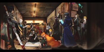  1other 6+boys 6+girls absurdres artist_request black_gloves black_hair black_pants black_vest blonde_hair blue_coat blue_eyes blunt_ends brown_eyes brown_hair character_request cigarette closed_eyes coat collared_shirt dante_(limbus_company) don_quixote_(project_moon) faust_(project_moon) freckles gloves green_eyes gregor_(project_moon) hammer heathcliff_(project_moon) highres hohenheim_(project_moon) holding holding_hammer holding_sword holding_weapon hong_lu_(project_moon) indoors ishmael_(project_moon) katana limbus_company long_hair long_sleeves meursault_(project_moon) multiple_boys multiple_girls necktie non-web_source object_head orange_hair outis_(project_moon) pants parted_lips project_moon red_coat red_necktie ribbed_sweater rodion_(project_moon) ryoshu_(project_moon) shirt short_hair sinclair_(project_moon) smoking sweater sword very_short_hair vest weapon white_hair white_shirt white_sweater yi_sang_(project_moon) 