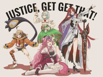  4girls ^_^ absurdres ahoge animal_ear_fluff animal_ears ankle_boots arm_up ascot bandaid bandaid_on_knee bandaid_on_leg beret bike_shorts black_gloves black_hat black_shoes black_shorts black_tube_top blue_fire blue_hair boots breasts brown_hair cecilia_immergreen cecilia_immergreen_(1st_costume) closed_eyes coat colored_inner_hair commentary detached_collar detached_sleeves doll_joints dress elizabeth_rose_bloodflame elizabeth_rose_bloodflame_(1st_costume) english_commentary english_text fang fangs fire fire_on_chest full_body gigi_murin gigi_murin_(1st_costume) gloves goggles goggles_on_head greatsword green_eyes green_hair green_skirt grey_hair hair_between_eyes hair_ornament hand_on_hilt hat high_heels highres holding holding_instrument holding_maracas holding_sword holding_weapon holojustice hololive hololive_english hood hoodie huge_ahoge instrument joints large_breasts large_tail long_hair long_sleeves maracas multicolored_hair multiple_girls open_clothes open_coat open_mouth orange_hoodie outstretched_arm outstretched_arms panther_ears panther_girl panther_tail paw_shoes pink_coat pink_hair raora_panthera raora_panthera_(1st_costume) red_ascot red_hair shirt shoes short_hair short_twintails shorts shozoku signature single_thighhigh sitting skirt smile spread_arms standing strapless streaked_hair striped_clothes striped_thighhighs sword tail text_background thighhighs thorn_(elizabeth_rose_bloodflame) treble_clef tube_top twintails two-tone_hair very_long_hair virtual_youtuber wariza weapon white_ascot white_background white_boots white_dress white_shirt white_sleeves white_thighhighs winding_key 