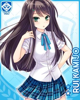  1girl :o black_hair blue_background blue_ribbon blue_skirt card_(medium) character_name girlfriend_(kari) green_eyes hair_ornament hairpin hand_on_own_hip kamijo_rui long_hair looking_at_viewer miniskirt neck_ribbon official_art plaid_clothes plaid_skirt pleated_skirt qp:flapper ribbon school_uniform shirt skirt sleeves_rolled_up solo standing white_shirt 