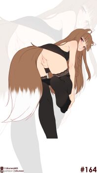  1girl absurdres animal_ear_fluff animal_ears ass backless_dress backless_outfit black_dress black_panties black_thighhighs brown_hair cleft_of_venus commentary cropped_legs dress english_commentary grin highres holo leaning_forward likunea long_hair looking_at_viewer no_shoes panties panty_pull parted_lips patreon_logo patreon_username pussy red_eyes smile soles spice_and_wolf tail teeth thighhighs toes twitter_username twitter_x_logo uncensored underwear wolf_ears wolf_girl wolf_tail zoom_layer 