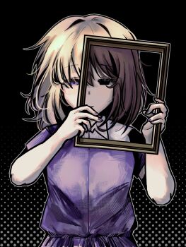  2girls arster black_background black_eyes blonde_hair brown_hair collared_shirt commentary_request cowboy_shot dress fingernails highres holding holding_mirror looking_at_viewer maribel_hearn medium_hair mirror missing_headwear multiple_girls one_eye_covered outline polka_dot polka_dot_background purple_dress purple_eyes purple_nails shirt short_sleeves smile touhou usami_renko white_outline white_shirt 