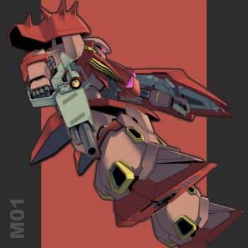  beam_rifle cable character_name commentary energy_gun glowing glowing_eye gundam gundam:_hathaway's_flash highres holding holding_weapon js_71535 mecha mecha_focus messer_(mobile_suit) mobile_suit no_humans purple_eyes robot science_fiction scope shield shoulder_spikes solo spikes weapon 