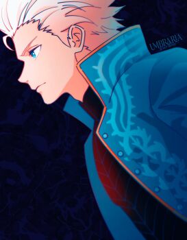  1boy artist_name blue_coat blue_eyes coat commentary devil_may_cry devil_may_cry_(series) devil_may_cry_3 dutch_angle expressionless from_side highres male_focus solo umbra_(edits_umbra) upper_body vergil_(devil_may_cry) watermark white_hair 