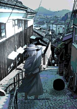  1girl absurdres bag black_capelet black_hair black_shoes black_skirt building capelet city day from_behind hand_on_own_hat highres holding holding_bag long_skirt long_sleeves looking_afar muraryo onomichi_(city) pavement photo_background road shirt shoes short_hair skirt sleeve_cuffs solo standing street touhou usami_renko white_shirt window 