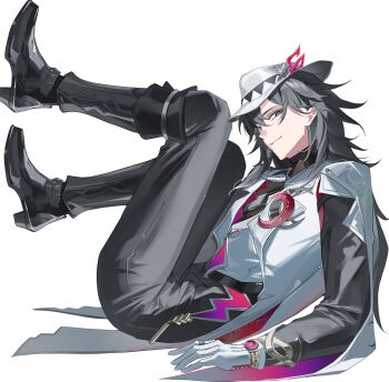  1boy absurdres ashveil_(honkai:_star_rail) black_hair boots crescent crescent_pin cutoffs earrings fedora full_body gloves gradient_hair grey_eyes hair_between_eyes hashtag-only_commentary hat hat_ornament high_heel_boots high_heels highres honkai:_star_rail honkai_(series) jacket jewelry lapel_pin light_smile long_hair male_focus multicolored_hair necklace open_clothes open_jacket pants r_aeel single_earring tooth_necklace vest waistcoat watch white_background wristwatch 