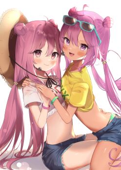  2girls aqua_panties bemani breasts denim denim_skirt goma_(u_p) grace_(sound_voltex) hat large_breasts multiple_girls panties rasis shirt siblings sisters skirt small_breasts sound_voltex twintails underwear white_shirt yellow_shirt yumebuki  rating:Sensitive score:14 user:BlackRockShooter109