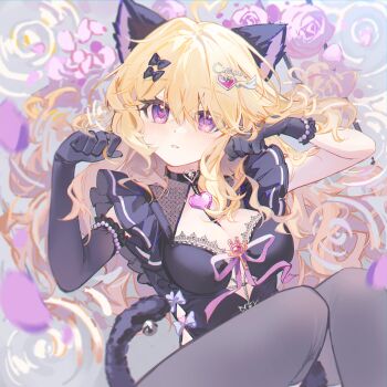  1girl ahoge animal_ear_fluff animal_ears asymmetrical_gloves bare_shoulders bell black_bow black_gloves black_thighhighs blonde_hair blurry bow breasts cat_ears cat_girl cat_tail chinese_commentary cleavage cleavage_cutout clothing_cutout commentary_request commission elbow_gloves flower frilled_gloves frills gem gloves hair_bow hair_ornament hands_up heart heart_ahoge highres jewelry knees_up long_hair medium_breasts original parted_lips petals pink_flower purple_eyes ribbon ripples sleeveless solo tail thighhighs youmeng33 