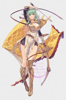  1girl absurdres alternate_costume arrow_(projectile) black_shorts boots bow_(weapon) breasts cape claude_von_riegan claude_von_riegan_(almyra's_king)_(resplendent) claude_von_riegan_(timeskip) cleavage commentary_request female_byleth_(awakened)_(fire_emblem) female_byleth_(fire_emblem) fire_emblem fire_emblem:_three_houses fire_emblem_heroes gakko_(gacco38) gold_boots green_eyes green_hair highres holding holding_arrow holding_bow_(weapon) holding_weapon large_breasts looking_at_viewer nintendo official_alternate_hair_color shorts smile solo tunic weapon white_tunic yellow_cape 