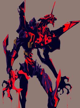  armor blood blood_on_hands dripping eva_01 highres mecha nekoixa neon_genesis_evangelion robot simple_background solo teeth vambraces white_eyes  rating:Sensitive score:5 user:danbooru