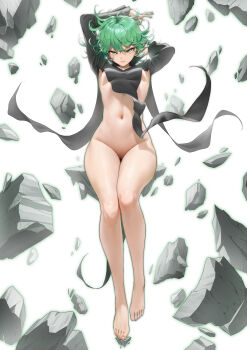  1girl absurdres arms_up barefoot black_dress bottomless cleft_of_venus closed_mouth clothes_lift colored_pubic_hair commentary_request dress dress_lift feet full_body green_eyes green_hair highres navel one-punch_man pubic_hair pussy rock short_hair sideless_outfit smile solo tatsumaki telekinesis thighs wide_hips wow+ 